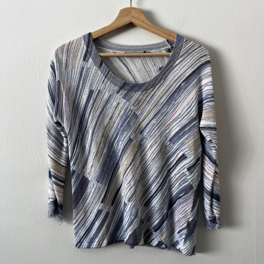 NIC + ZOE‎ Linen Blend Round Neck Sweater Raw Edge 3/4 Length Sleeves size PS